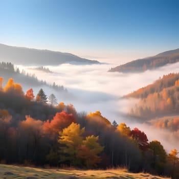 This vibrant autumn landscape showcases a valley filled with colorful foliage and fog. The sun rises over the mountains, illuminating the scene with soft, warm light.
