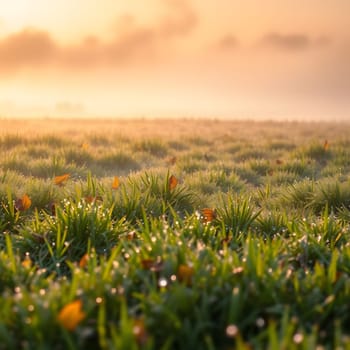 The landscape features dew-laden grass in a peaceful meadow bathed in the warm glow of sunrise. Golden leaves rest among the vibrant green, signaling the arrival of autumn.