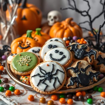 A colorful assortment of decorated cookies shaped like spiders, pumpkins, and spooky faces is arranged on a plate, surrounded by vibrant candy and seasonal decorations for Halloween.