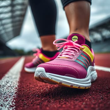 A close-up view of vibrant pink athletic shoes positioned on a running track, showcasing their details. The cloudy sky suggests an early morning or late afternoon atmosphere.