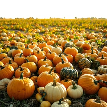 The pumpkin patch features an abundance of colorful pumpkins scattered across the field, basking in the warm afternoon sunlight, showcasing autumn's harvest beauty.