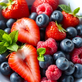 A vibrant collection of fresh strawberries, blueberries, and raspberries arranged beautifully in a white bowl, showcasing their bright colors and natural appeal.