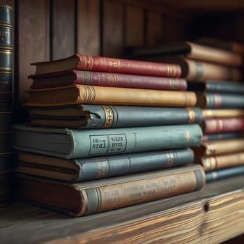 Stacks of old, colorful books lie neatly on a rustic wooden shelf, showcasing various titles and worn spines, reflecting a love for literature and history in a cozy setting.