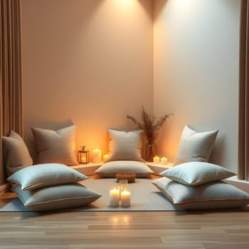 A tranquil corner features soft cushions and flickering candles, creating a serene atmosphere for relaxation and meditation. Natural light enhances the warmth of the space.