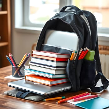 A backpack rests on a study desk, overflowing with books and stationery. Nearby are a laptop, writing tools, and a cup for organizing pencils, creating a study-friendly atmosphere.