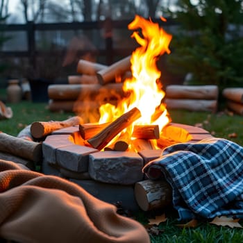 A warm fire crackles in a stone fire pit surrounded by logs, creating a cozy atmosphere. Warm blankets rest nearby, inviting relaxation on a chilly evening.