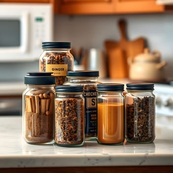 Glass jars containing various spices, herbs, and ingredients are neatly arranged on a kitchen countertop. The setting is warm and inviting, showcasing a well-organized space for cooking.