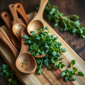 A collection of wooden spoons rests beside fresh green herbs on a rustic wooden chopping board, creating a warm and inviting atmosphere perfect for meal preparation.