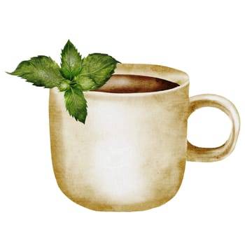 Mug with tea watercolor. Hand drawn beige cup with herbal mint tea and green leaves. Clip art isolated on white kitchenware background. Ideal for tea drink logo and coffee shop menu. High quality illustration