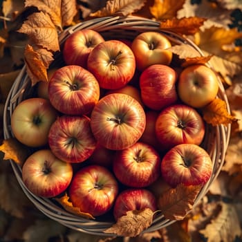 A woven basket filled with ripe red and yellow apples sits amid vibrant autumn leaves. The warm colors highlight the beauty of the harvest season, inviting a sense of warmth and freshness.