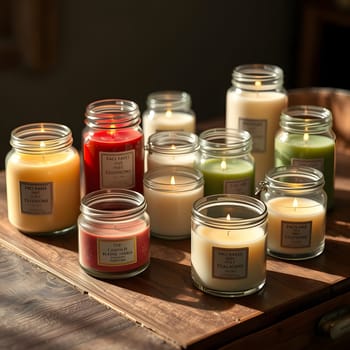 Multiple scented candles in glass jars are elegantly arranged on a rustic wooden table, creating a warm and inviting atmosphere in a softly lit room.