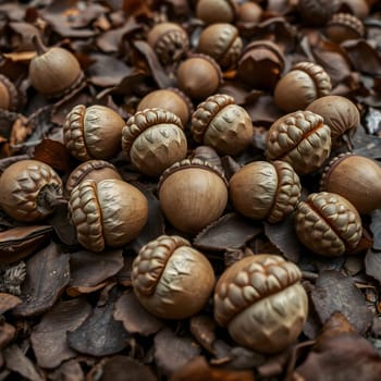 A cluster of acorns lies nestled on the ground, surrounded by fallen leaves. The warm tones of autumn create a peaceful atmosphere in the early morning light.