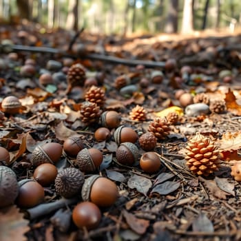 The forest floor is covered with acorns and pine cones surrounded by fallen leaves, showcasing the rich textures and colors of autumn in a serene woodland setting.