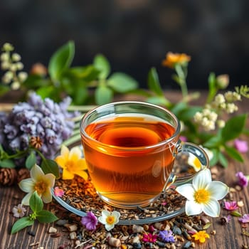 A clear glass cup filled with herbal tea sits on a wooden table, surrounded by an array of vibrant flowers and herbs. The natural setting creates a calming and inviting atmosphere.