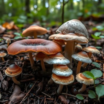 Fungi of various shapes and colors are clustered on the damp forest floor, surrounded by fallen leaves and greenery, showcasing the natural beauty of a tranquil woodland during autumn.