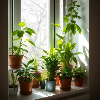 Several potted plants of different varieties are arranged on a sunlit windowsill. The sunlight casts beautiful shadows and highlights the vibrant green leaves against the bright background.