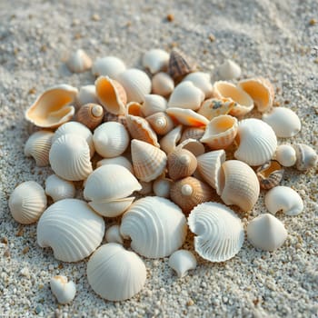 Various seashells of different shapes and sizes are scattered across soft, sandy beach terrain, illuminated by the warm glow of the setting sun in the background.