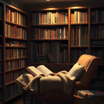 A comfortable chair is nestled among shelves filled with numerous books, softly illuminated by warm light, creating a perfect reading corner for relaxation and enjoyment.