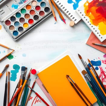 A vibrant workspace features an array of art supplies, including paint palettes, brushes, and sketchbooks. The background includes sheet music and colorful splashes, inspiring creativity.