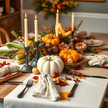 A beautifully arranged dining table displays various pumpkins, gourds, and vibrant fall leaves, complemented by candles and rustic tableware, perfect for a festive autumn gathering.