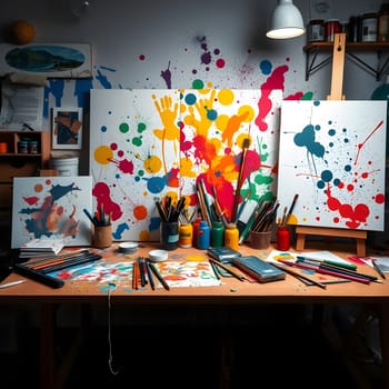 A vibrant art studio is alive with color splashes on canvases. Various art supplies, including paint and brushes, are scattered across a wooden table, showcasing a creative atmosphere.
