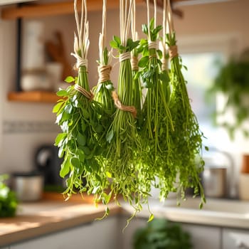 A collection of freshly harvested herbs is hanging from twine in a warm kitchen. The sunlight filters through the window, enhancing the vibrant green colors of the herbs.