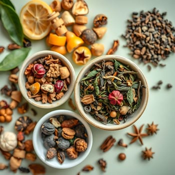 A vibrant arrangement of various spices and herbs in ceramic bowls, complemented by dried fruits and lemon slices, showcases ingredients ready for culinary use in a home kitchen.