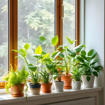 A variety of vibrant green plants are arranged on a windowsill, basking in natural sunlight. Their leaves are lush, creating a refreshing greenery against the soft backdrop of nature outside.