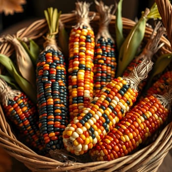 A woven basket is filled with vibrant corn cobs in shades of orange, yellow, and blue, celebrating the essence of the autumn harvest season and festive decorations.