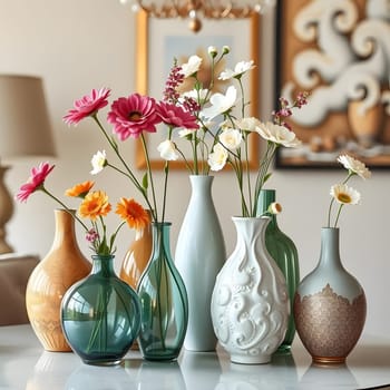 Fresh flowers in an array of decorative vases create a vibrant centerpiece on a stylish dining table, adding a whimsical touch to the elegant interior design.