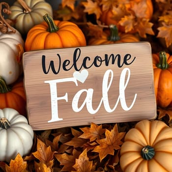 A charming wooden sign reading Welcome Fall rests among vibrant pumpkins and golden leaves, capturing the essence of autumn decorations in a harvest-themed display.