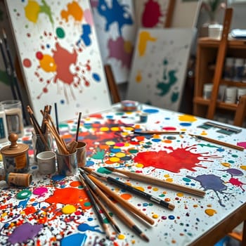 A lively art studio features a table covered in colorful paint splatters, with brushes and containers scattered about