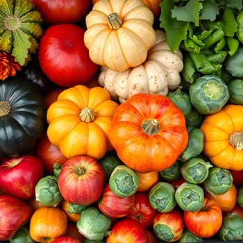 A vibrant arrangement of various pumpkins, apples, and greens showcases the bounty of autumn. The collection highlights rich colors and seasonal produce found at local harvest markets.