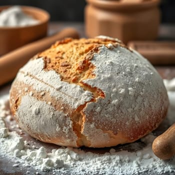 A round loaf of freshly baked bread rests atop a wooden surface, lightly dusted with flour. Nearby, baking tools and ingredients are neatly arranged, highlighting the art of bread-making.