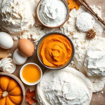 Various baking ingredients are arranged on a wooden surface, including flour, pumpkin puree, eggs, and spices, creating a vibrant and inviting preparation area for autumn recipes.