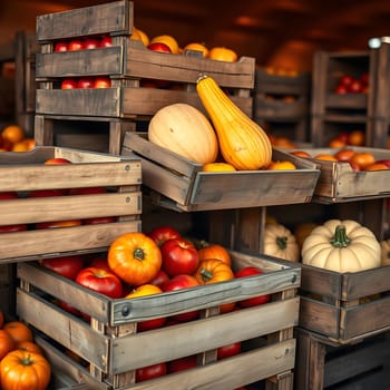 Vibrant vegetables and fruits are neatly arranged in wooden crates, showcasing a bountiful harvest of tomatoes, squash, and pumpkins, ready for sale at a local market.