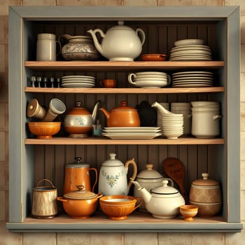 A charming kitchen shelf displays a collection of ceramic dishes, teapots, and bowls in warm hues. Each item contributes to a cozy and inviting atmosphere, perfect for culinary adventures.
