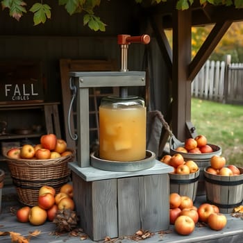 A rustic apple cider press is surrounded by baskets of freshly picked apples, capturing the charm of autumn harvest season. Golden cider fills a glass jar, set in a cozy outdoor space.