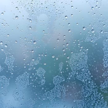 Droplets of water accumulate on the glass, forming patterns while obscuring the view outside. The soft light behind the rain contributes to a calm, cozy ambiance.