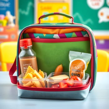 A vibrant lunchbox sits on a table, featuring compartments filled with fresh fruits, a juice bottle, and a pack of snacks, ideal for a school day's lunch.