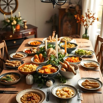 A beautifully arranged dining table showcases an array of seasonal dishes, featuring colorful vegetables, hearty casseroles, and decorative autumn elements, perfect for a family gathering.