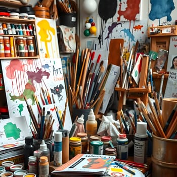 A vibrant art studio cluttered with paint tubes, brushes, and unfinished artwork showcases a creative workspace. Various colorful supplies and projects reflect artistic expression throughout the room.