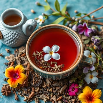 A cup of herbal tea is surrounded by an array of spices and vibrant edible flowers, creating a visually appealing display on a textured blue surface. The scene emphasizes natural ingredients.