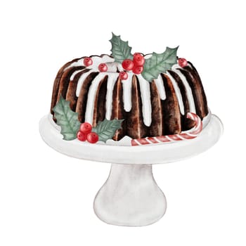 Christmas cake. Hand drawn watercolor traditional holiday cake on a stand with holly berries. Clip art of chocolate pastry on isolated white background. Ideal for cookbook and bakery menu. High quality photo