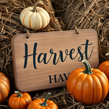 A charming autumn scene features an array of pumpkins in different sizes surrounding a wooden sign that reads Harvest. Straw bales provide a rustic backdrop, enhancing the seasonal atmosphere.