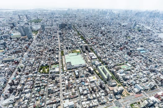 An aerial shot of the Tokyo skyline from the tallest tower in the world, the Tokyo Skytree, in downtown Tokyo, Japan