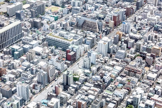 An aerial shot of the Tokyo skyline from the tallest tower in the world, the Tokyo Skytree, in downtown Tokyo, Japan