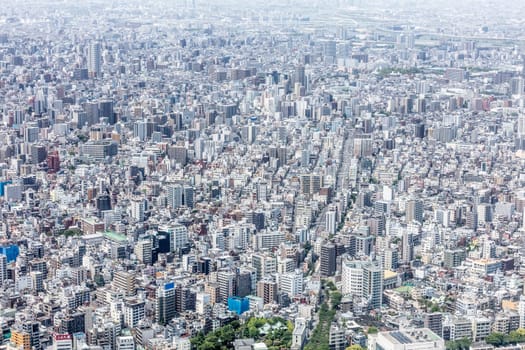 An aerial shot of the Tokyo skyline from the tallest tower in the world, the Tokyo Skytree, in downtown Tokyo, Japan