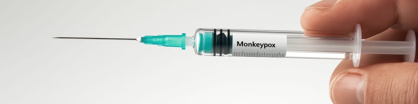 Medical syringe for monkeypox vaccine in hand on white background - health and safety concept.