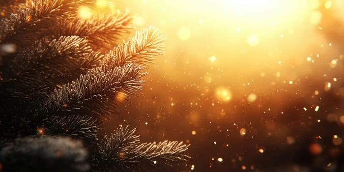 Stunning new year background with golden light and pine branches for festive decor.
